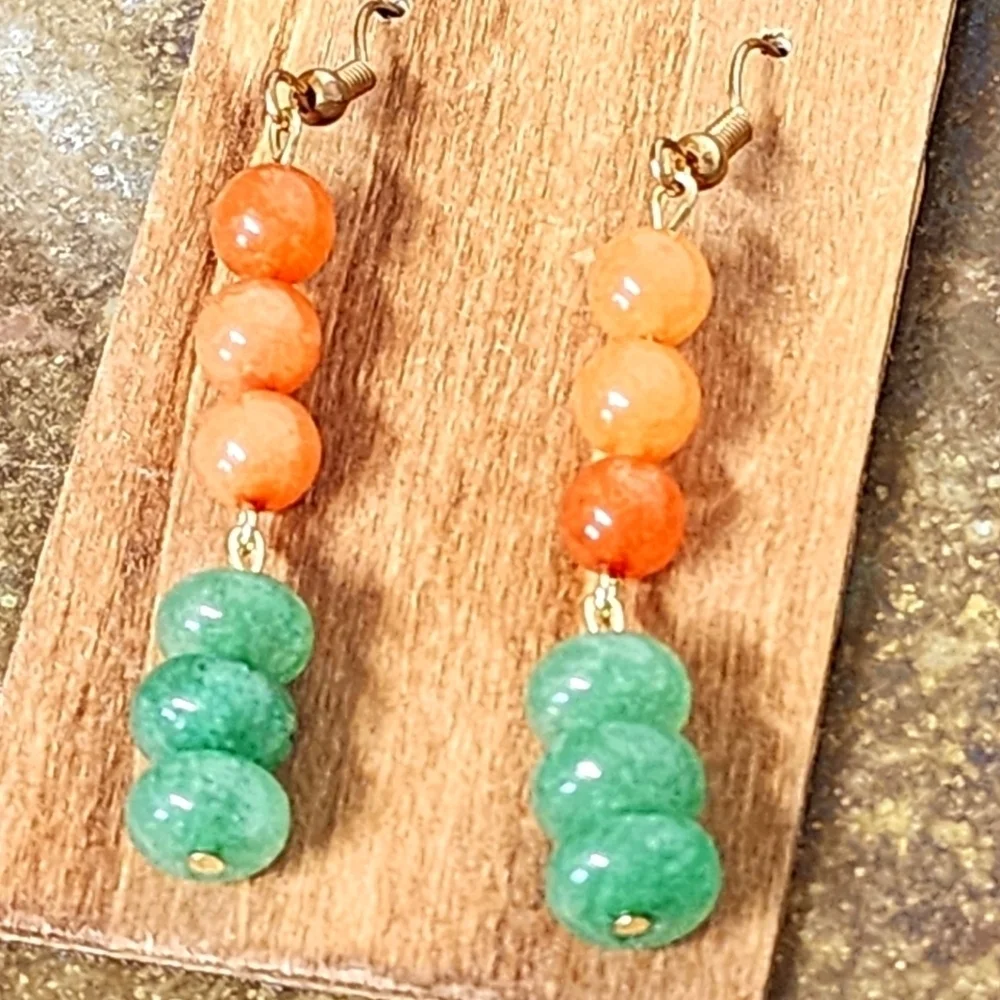 Earrings Beaded Gemstone Long Dangle Drop Chakra Boho Adventurine Peach Green
